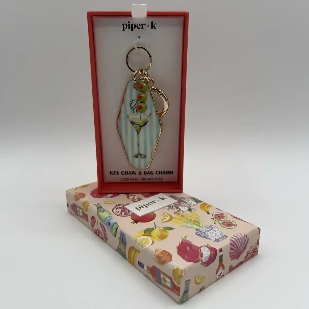 Piper K Tini Time Martini Glass Keychain Bag Charm Blue Stripe Beads Olive Retro